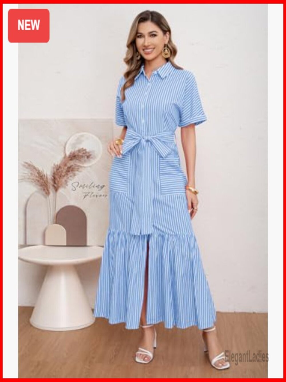 Striped Button Down Maxi Dress with Belt and Pockets - Picture 2 of 7